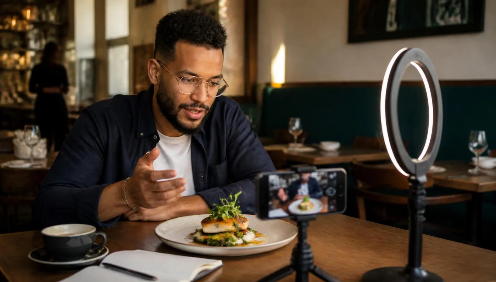Food reviewer at a restaurant table recording a review of a plated dish on a phone mounted to a tripod, with a notebook and coffee beside him