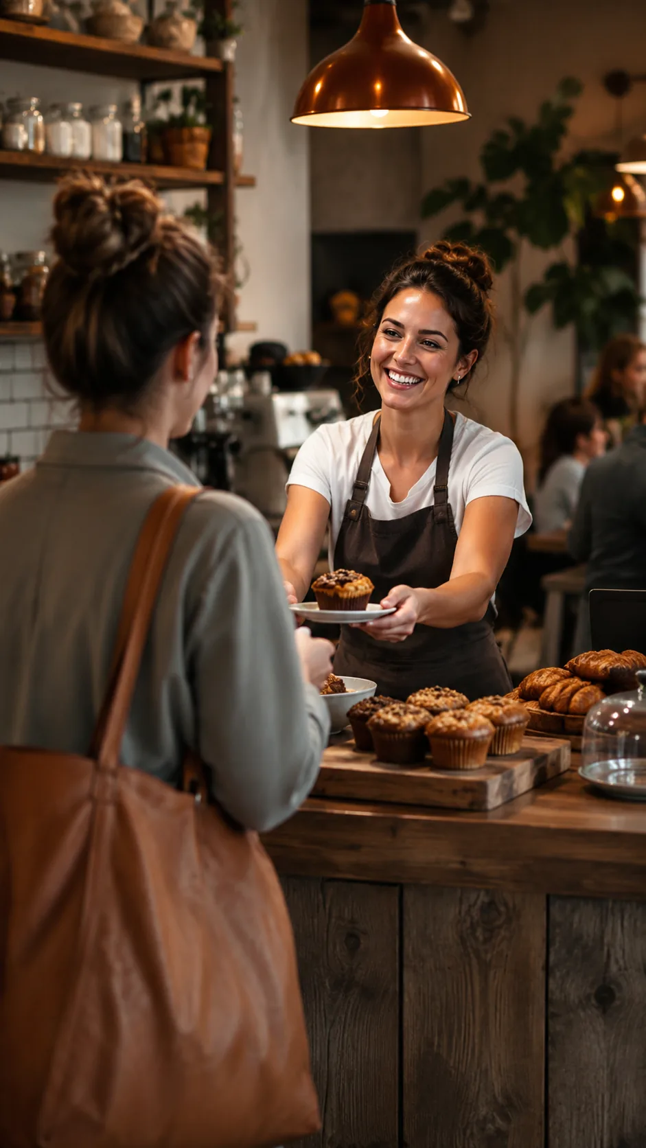 Smiling café owner in an apron handing a plated muffin to a customer across a wooden bakery counter