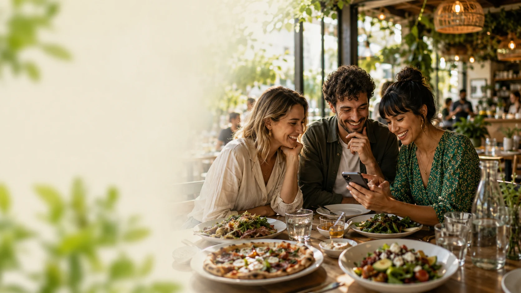 Friends discovering local food together on a phone
