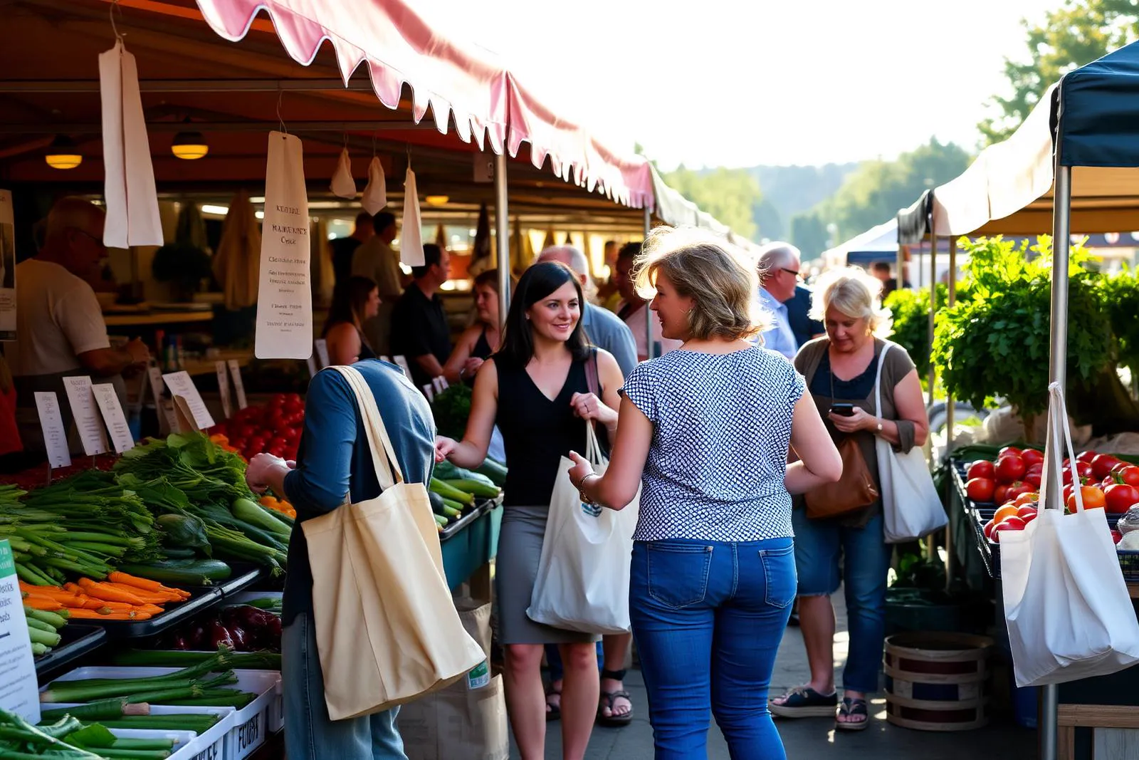 Neighbours shopping and chatting with a vendor at a busy outdoor farmers market