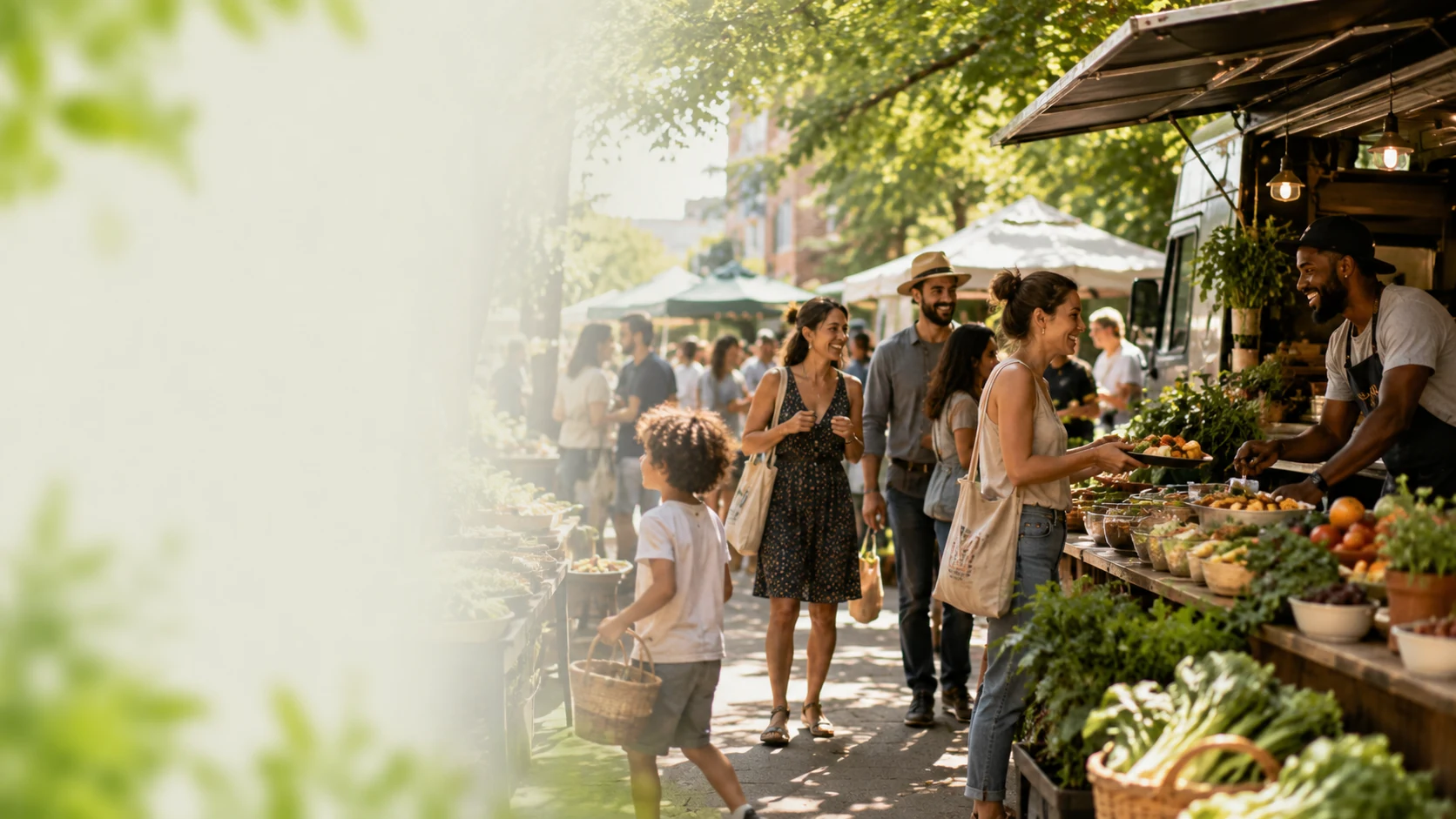 Community shopping at a bustling outdoor local food market