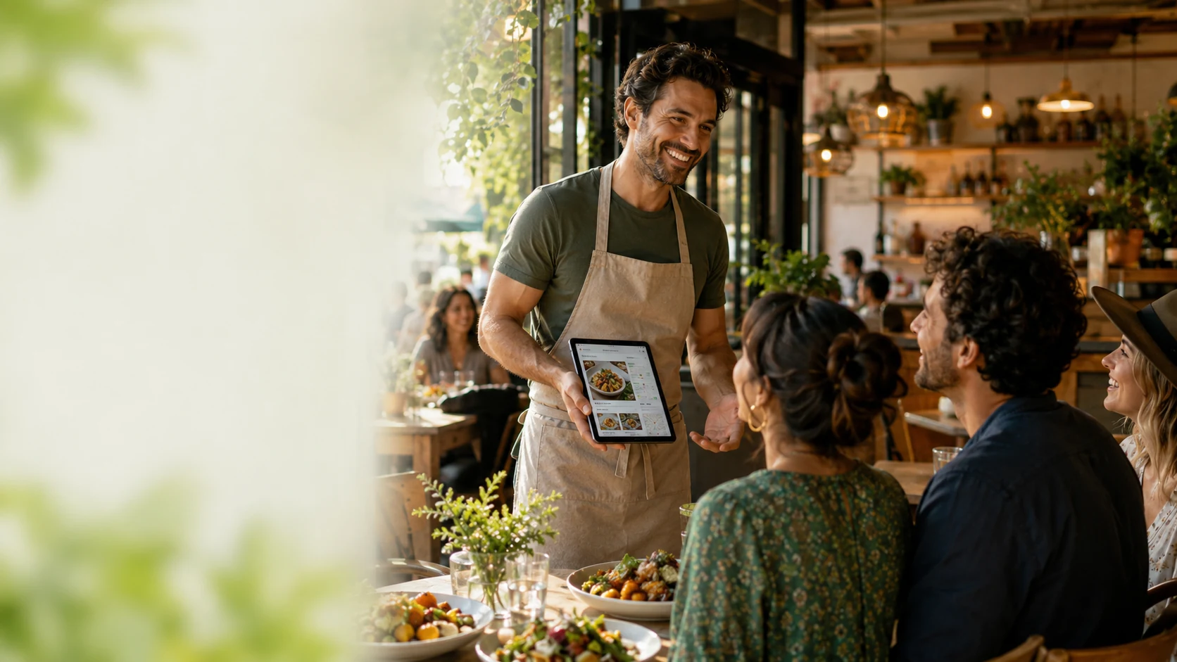 Restaurant owner showing menu to guests on a tablet