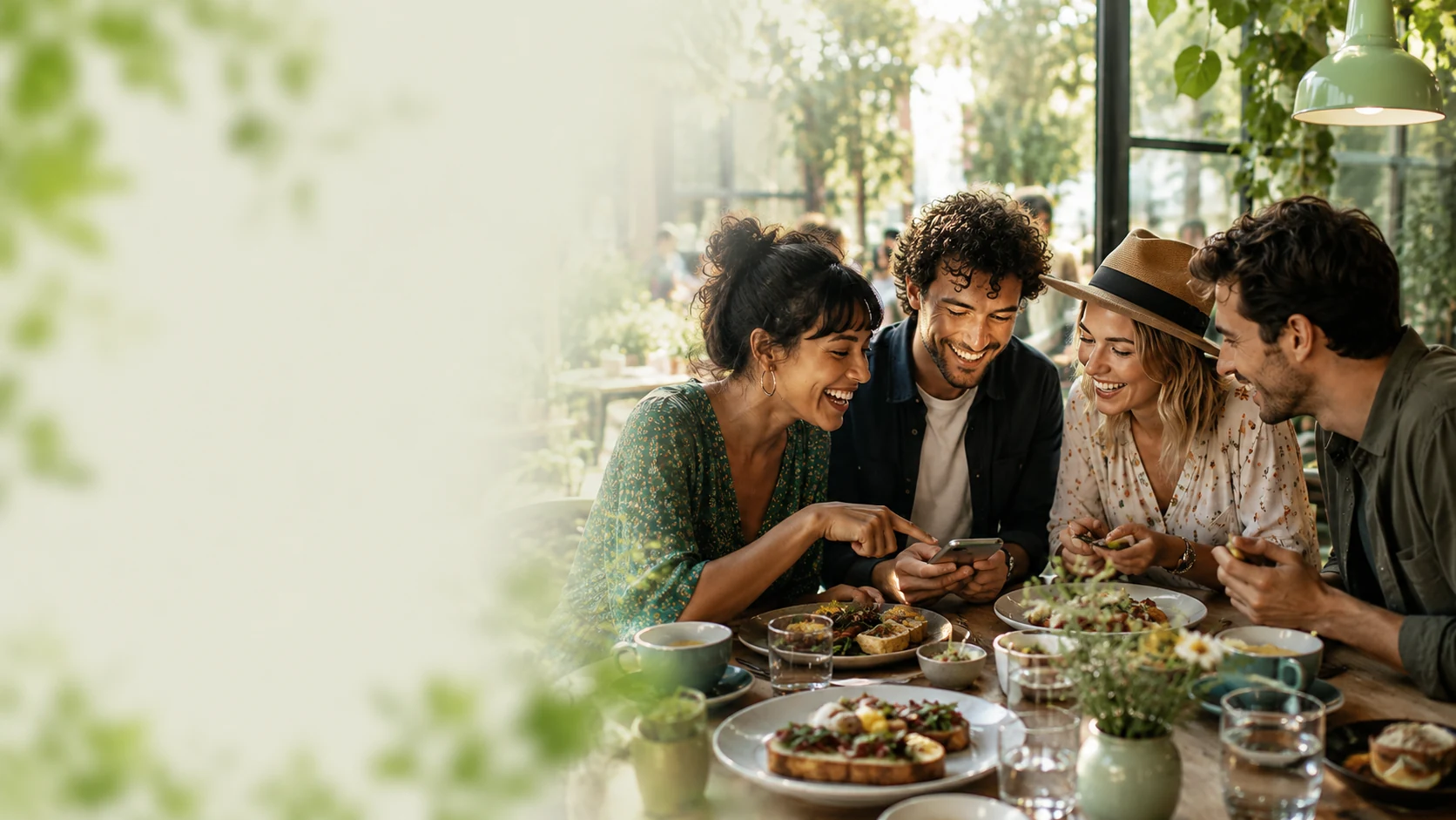 Friends sharing a meal and looking at a phone together