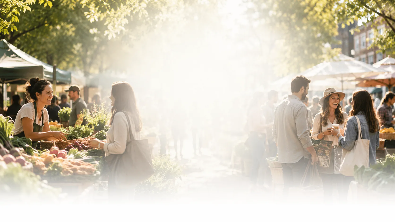 Neighbours shopping, talking and sharing coffee among the stalls of a sunlit outdoor farmers market