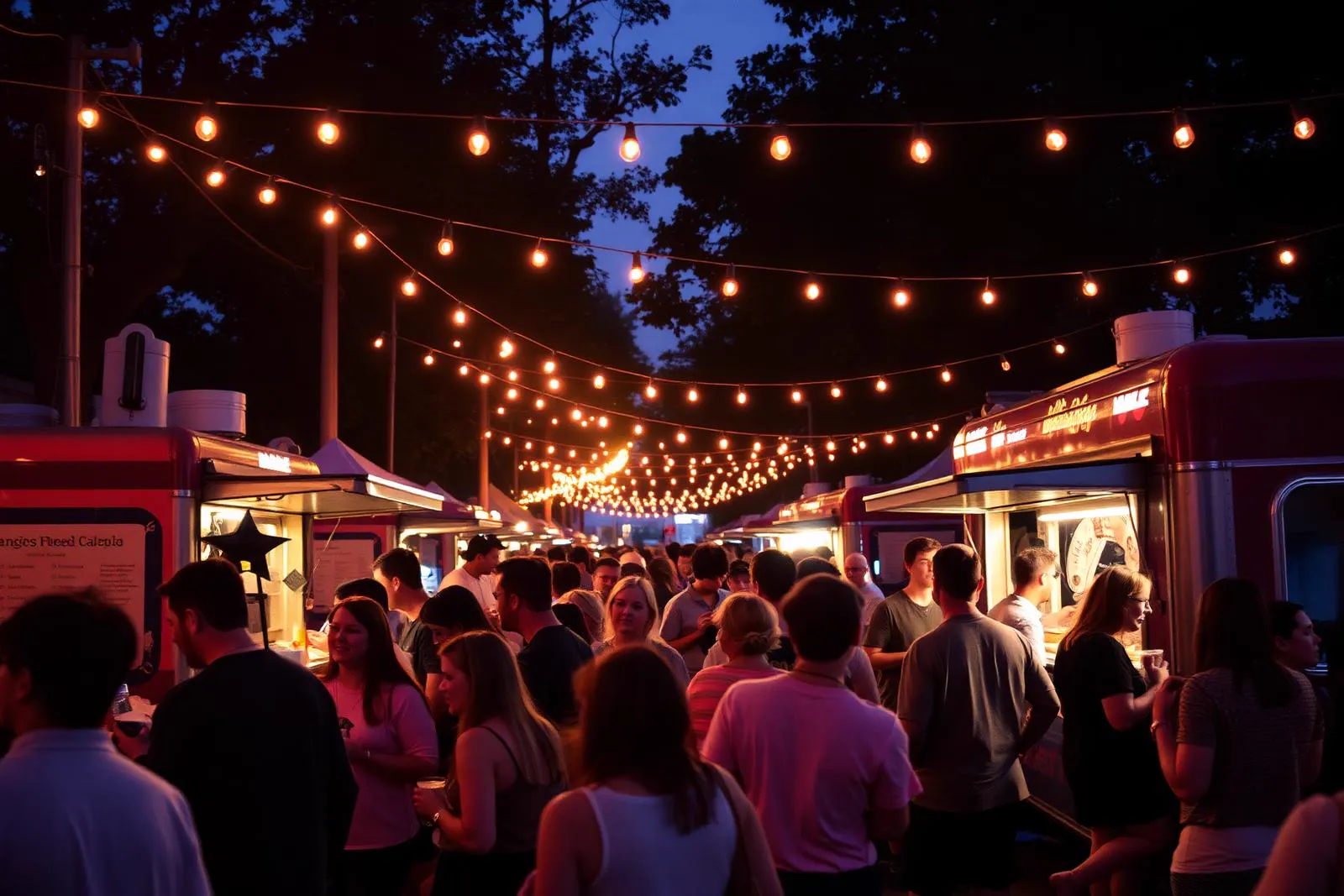 Evening street food festival under string lights with neighbours queuing at food trucks