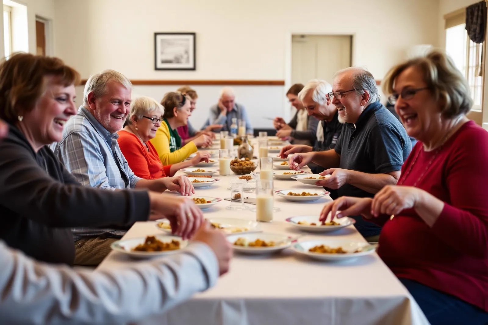 Neighbours of different ages sharing a long communal meal at a community hall table