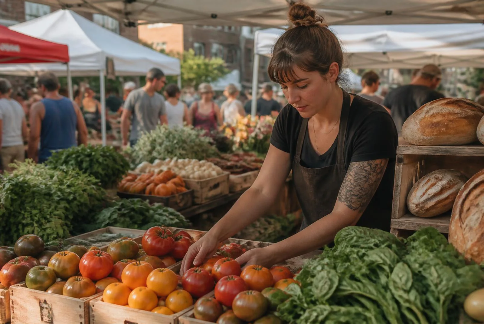Market vendor in an apron arranging heirloom tomatoes beside crates of greens and fresh bread at a sunlit farmers market stall
