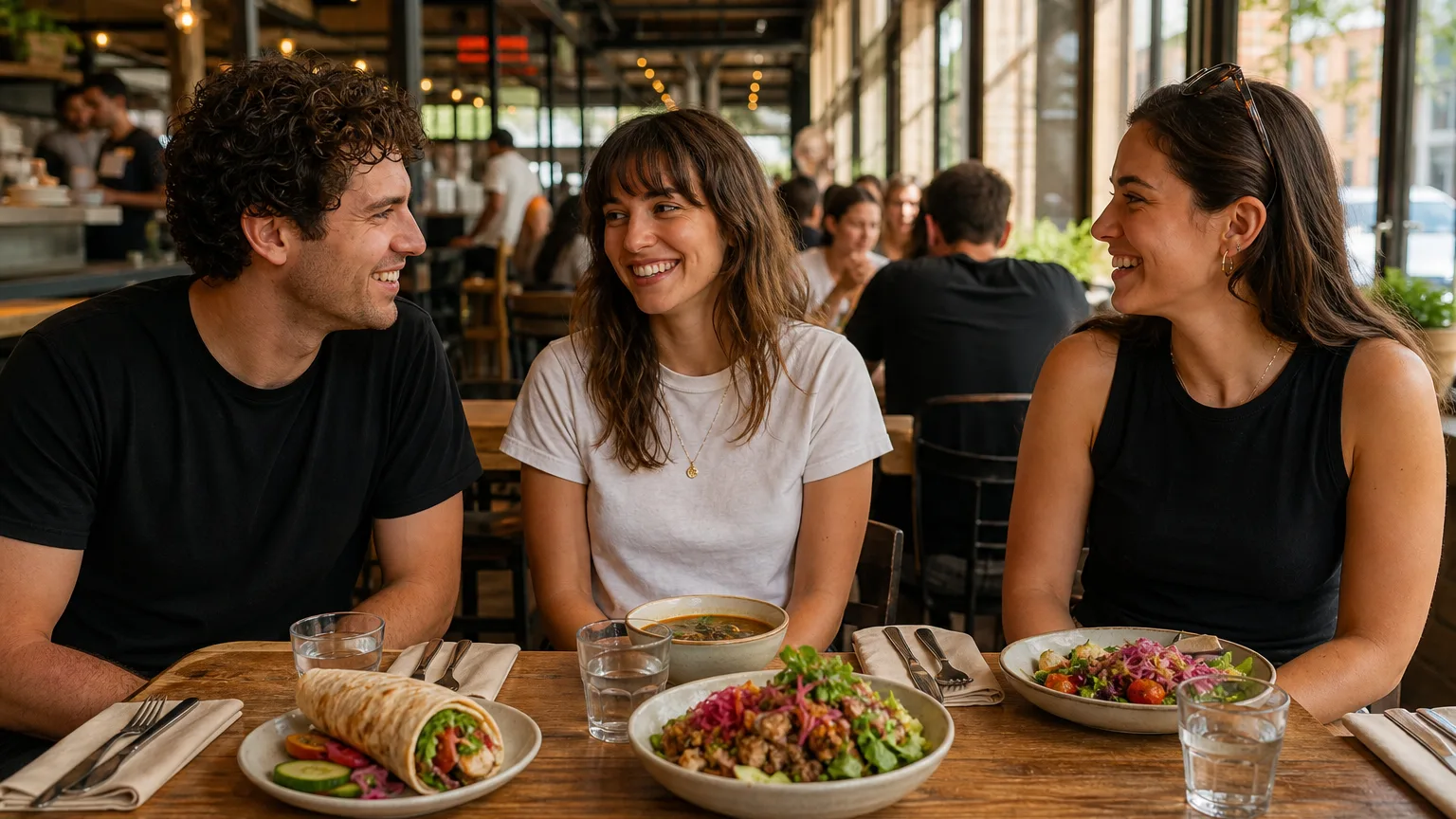 A group of friends smiling and talking at a wooden table with modest plates of fresh food in a sunlit food hall.