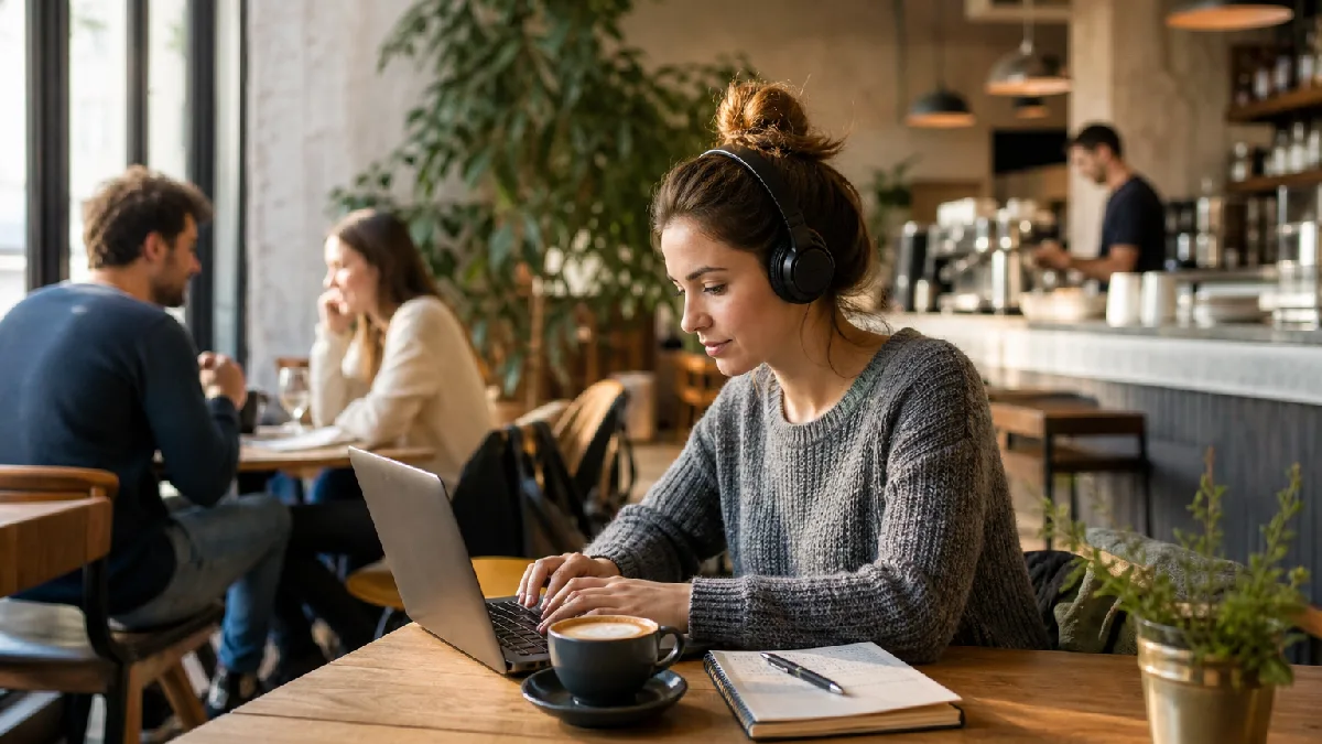 Young woman working on laptop with coffee in a sunny café corner, other patrons quietly working in background.