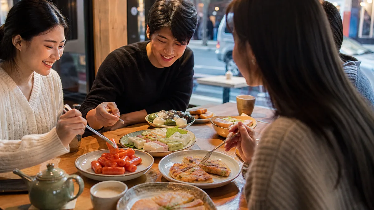 Friends enjoying colorful Korean desserts and drinks in a cozy street-food café with warm natural light.