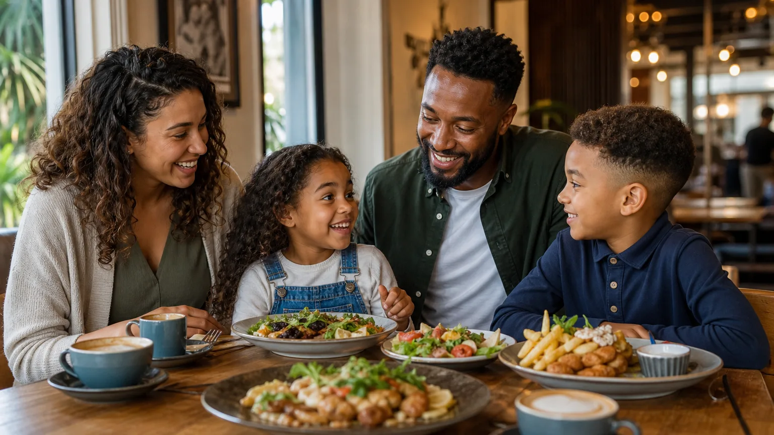 Family of four sitting around a table smiling and looking at kid-sized meal bundles in a bright restaurant