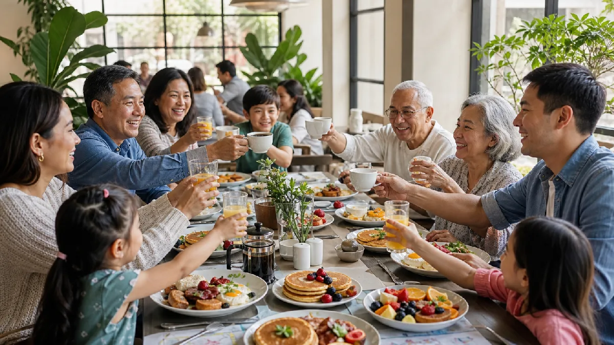 A lively multi-generational family enjoying brunch together at a bright, modern dining table with colorful dishes and drinks.