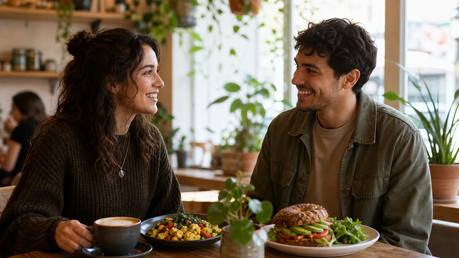 Two people smiling at a wooden table with vegan tofu scramble and avocado bagel sandwich in a sunlit café.