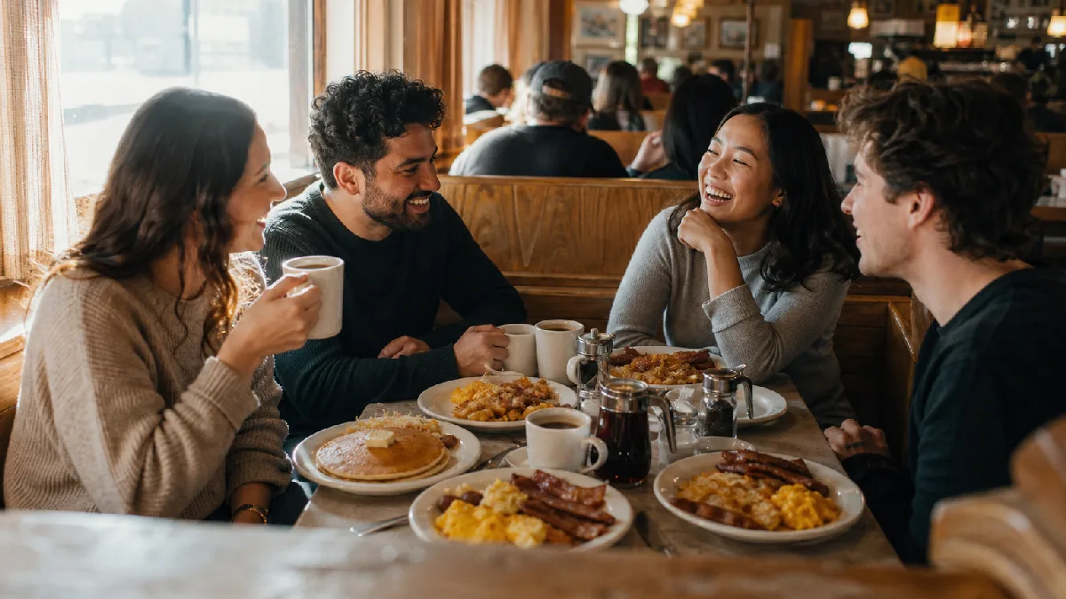 Cozy diner booth with friends enjoying classic breakfast plates of pancakes, eggs, bacon, and coffee in natural morning light.