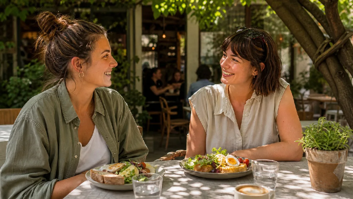 Two friends smile and chat at a sunlit café patio with plates of brunch and a small potted plant on the table.
