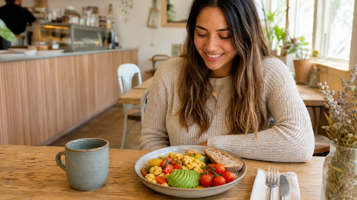 A smiling woman at a sunlit table with a colorful vegan breakfast of tofu scramble, avocado, roasted tomatoes, and toast.