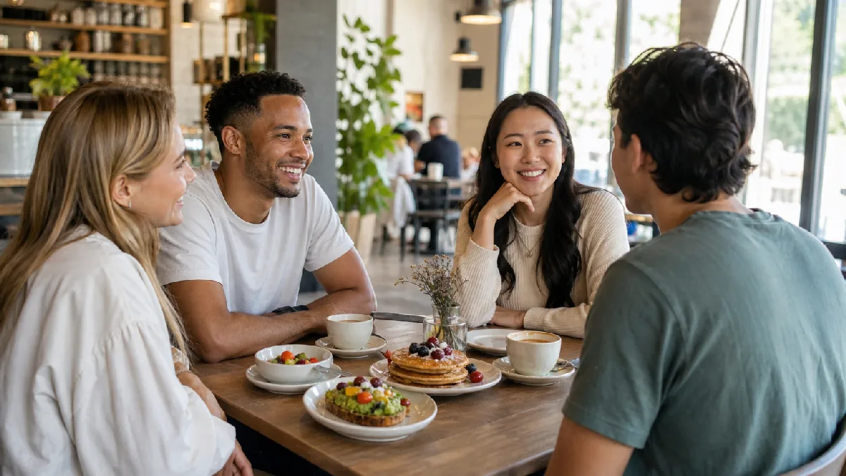 Friends enjoy a gluten-free breakfast spread at a sunlit café with pancakes, avocado toast, and coffee.