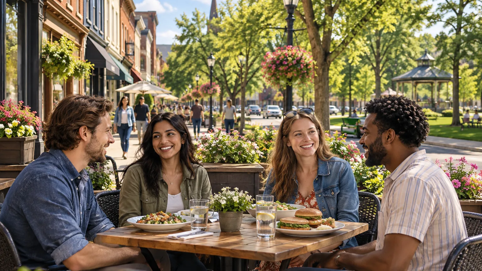 Illustration of a sidewalk lunch along a Preston Towne Centre inspired main street.