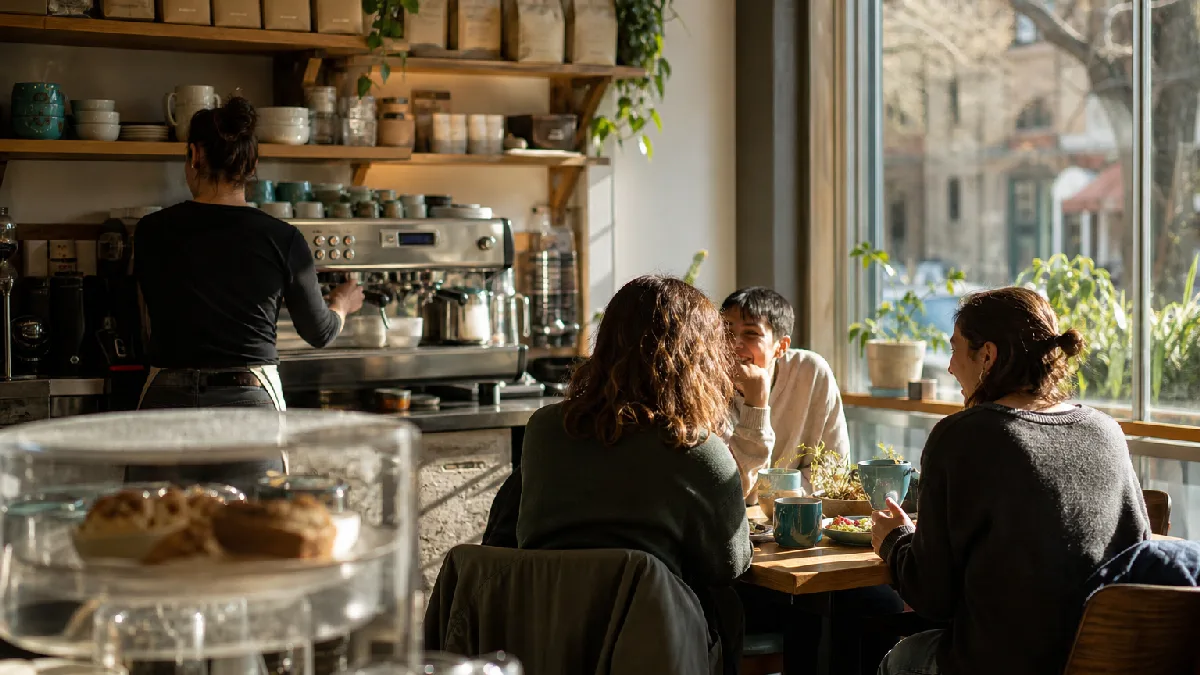 Barista preparing coffee in a cozy café with friends enjoying breakfast sandwiches and vegetarian bowls at a sunlit table.