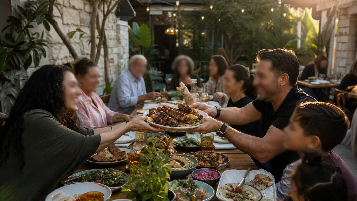 Family and friends sharing Mediterranean dishes at a sunny outdoor restaurant patio in Waterloo Region.