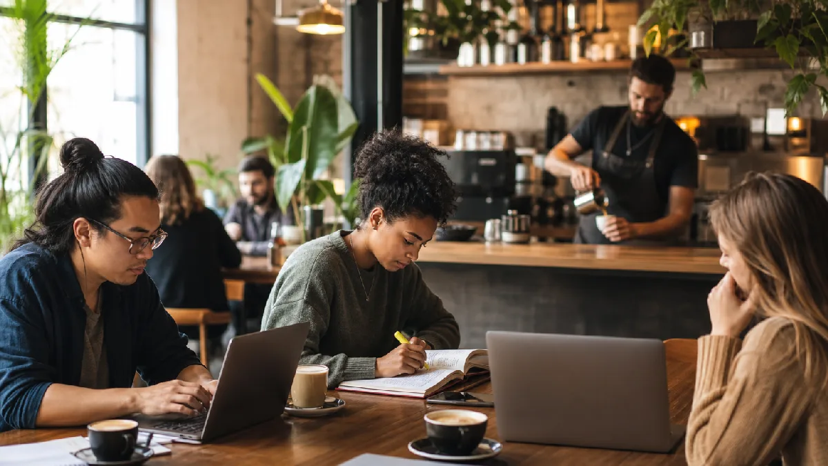 People working on laptops and reading at a communal table in a cozy, well-lit café with coffee cups and plants.