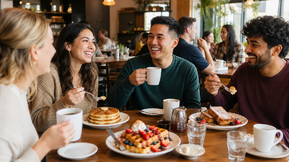 Friends enjoying pancakes, waffles, and French toast together in a sunlit breakfast café.