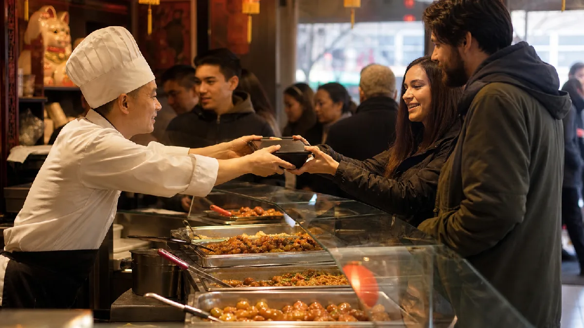 Busy Chinese takeout counter with customers picking up containers of food and a chef preparing orders behind glass.