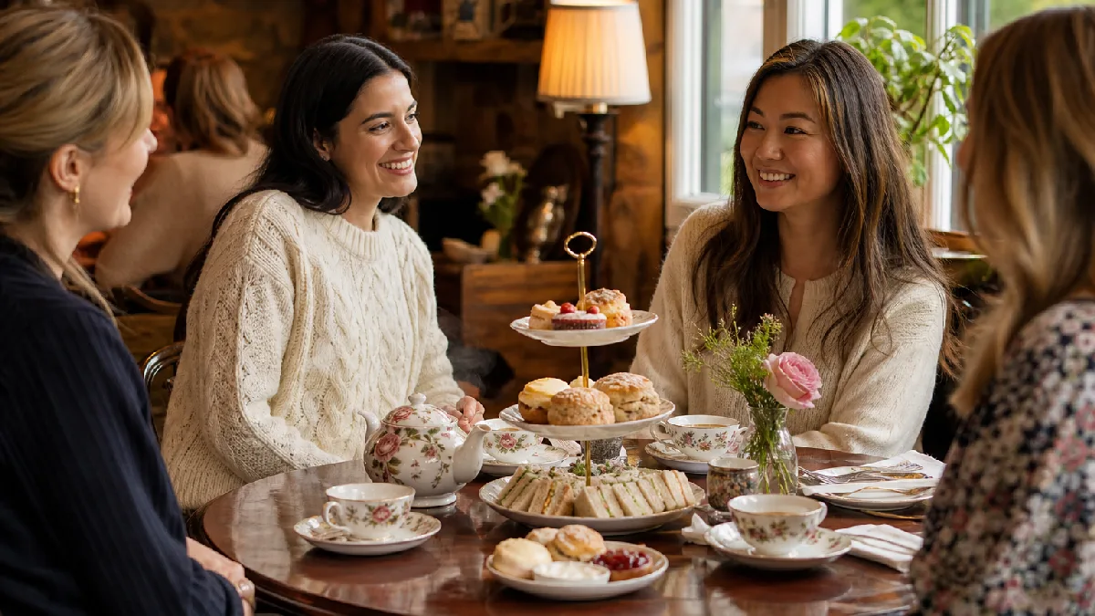 Friends smiling around a wooden table with tea pots, cups, finger sandwiches, scones, and pastries in a cozy tea room.