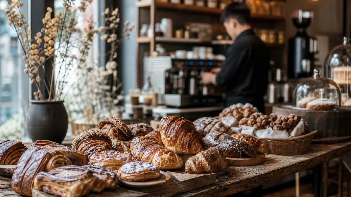 Sunlit bakery café corner with assorted pastries and a barista making espresso.