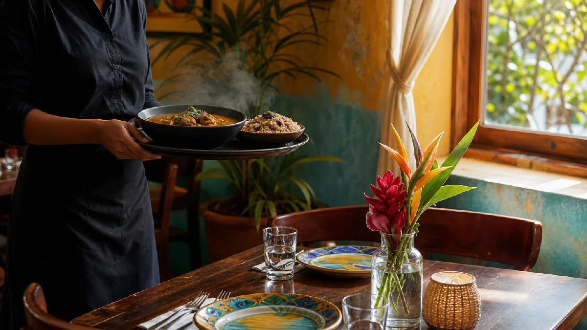 Cozy Caribbean restaurant dining room with wooden table set for two and server bringing curry and rice.