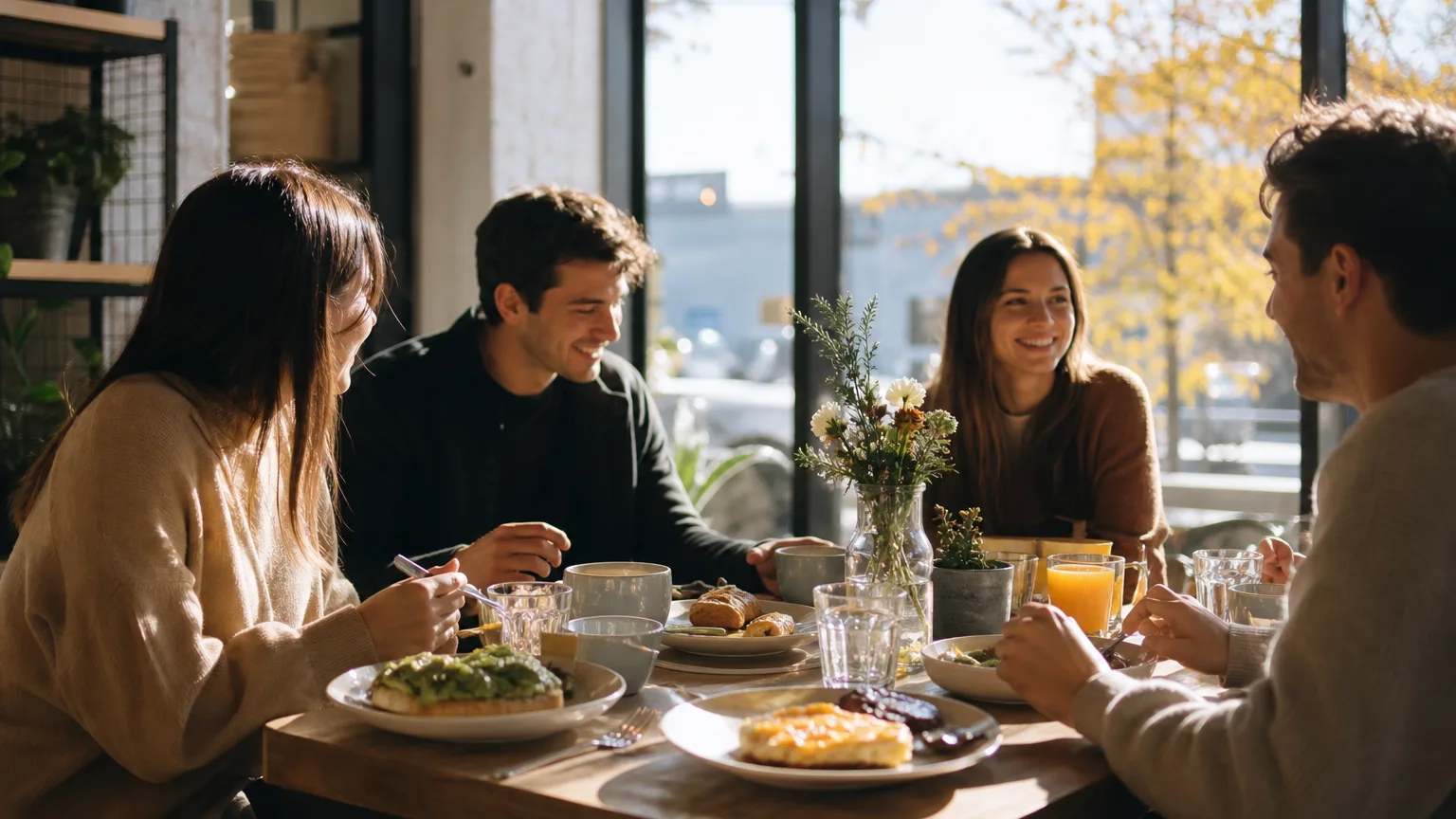 Friends enjoying a sunny brunch with eggs, avocado toast, pastries, juice, and coffee in a cozy café with natural light.