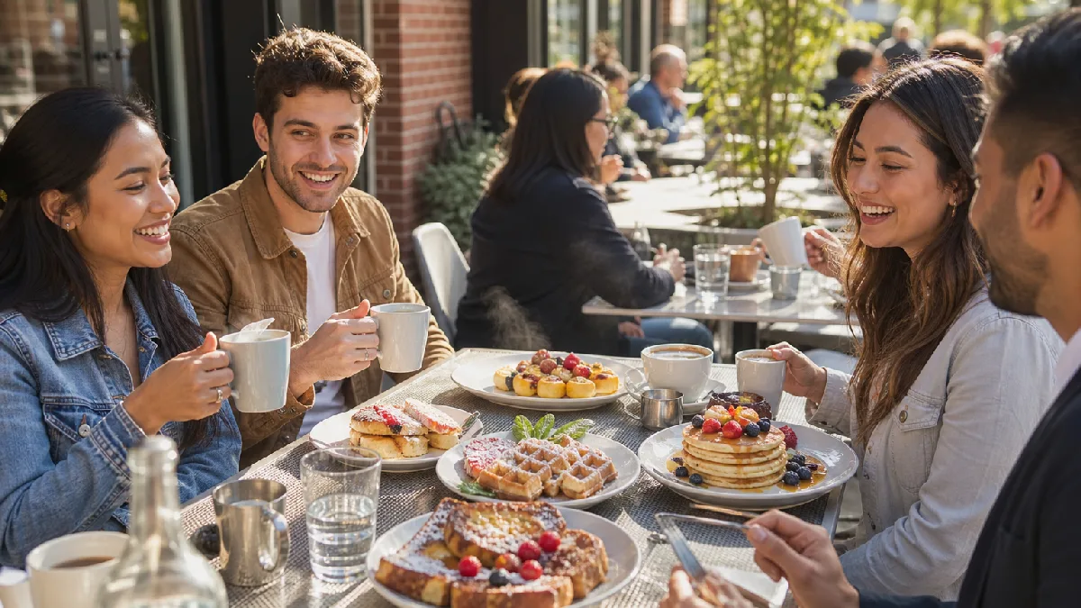Friends enjoying pancakes, waffles, and French toast together on a sunny outdoor patio.