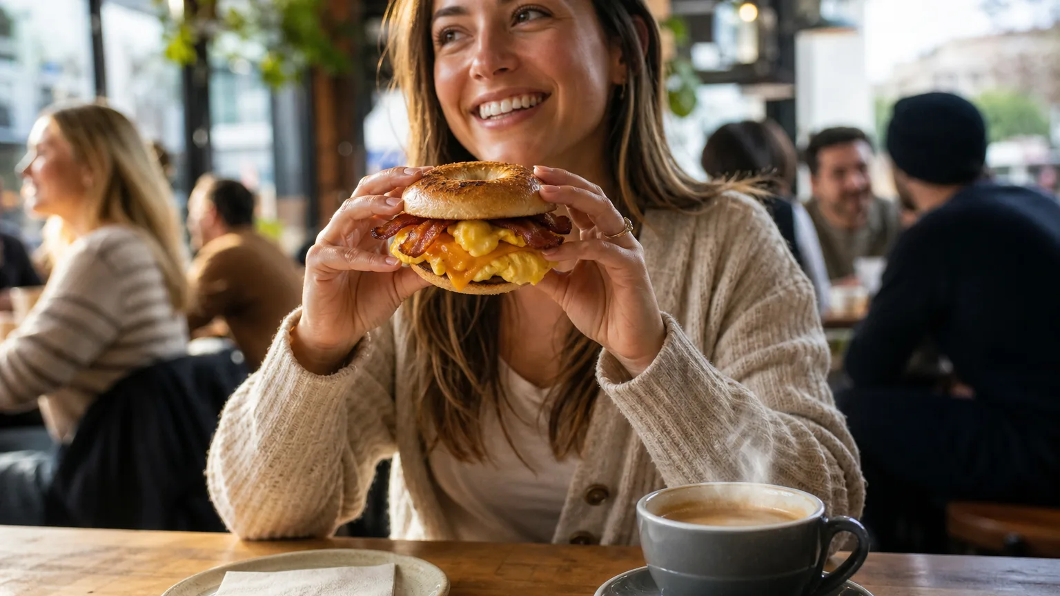 Young adult holding a toasted bagel breakfast sandwich at a busy café table with coffee and morning sunlight.