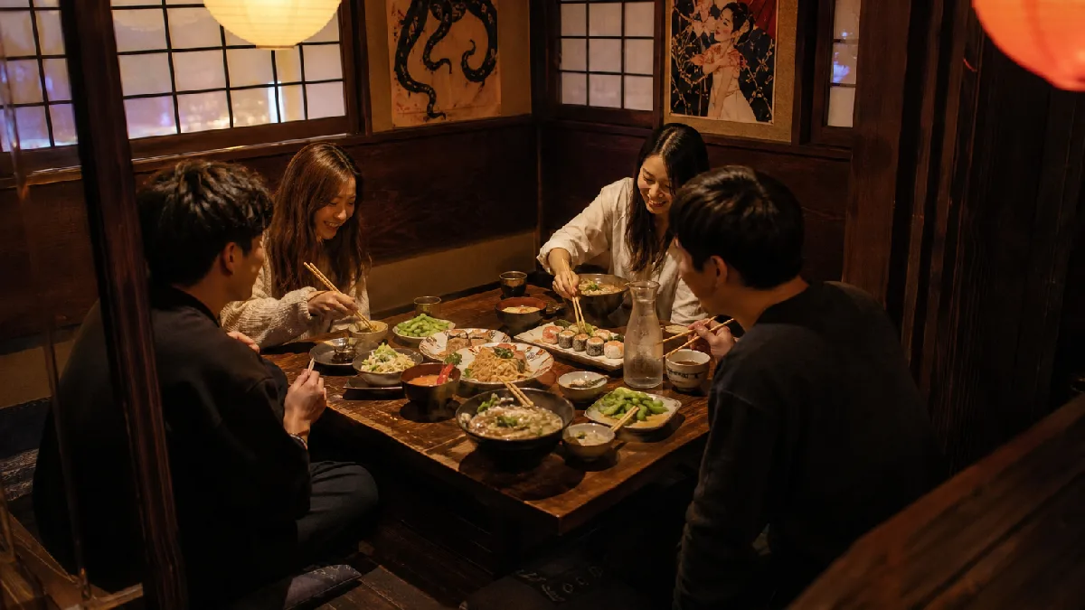 Cozy izakaya dining table with ramen, sushi, and friends sharing food under warm lantern light.