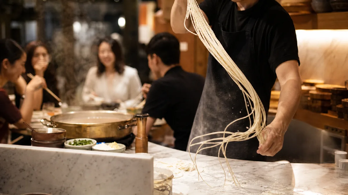 Chef pulling noodles by hand in a warm dining room with hot pot and friends dining nearby.