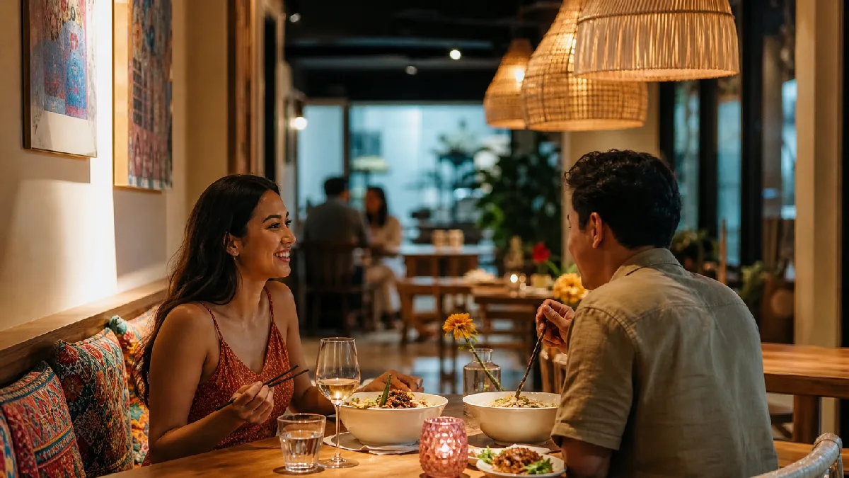 Friends dining together at a lively Southeast Asian restaurant with colorful dishes and warm ambient lighting.