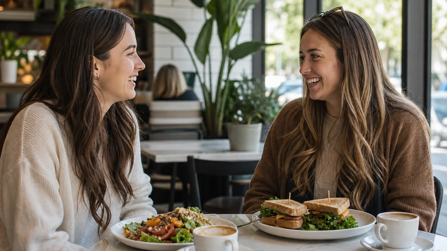 Two friends smiling and chatting at a sunlit café table with lunch plates and coffee cups in a modern setting.