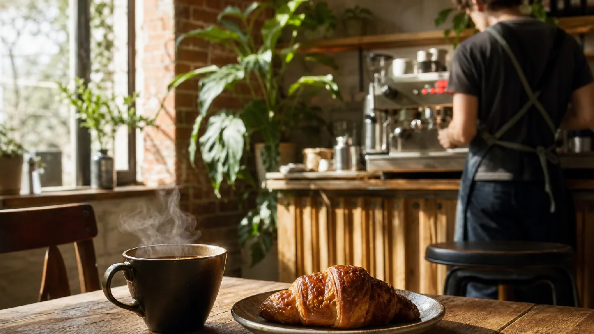 Rustic café table with coffee and croissant, barista preparing espresso in the background under natural light.