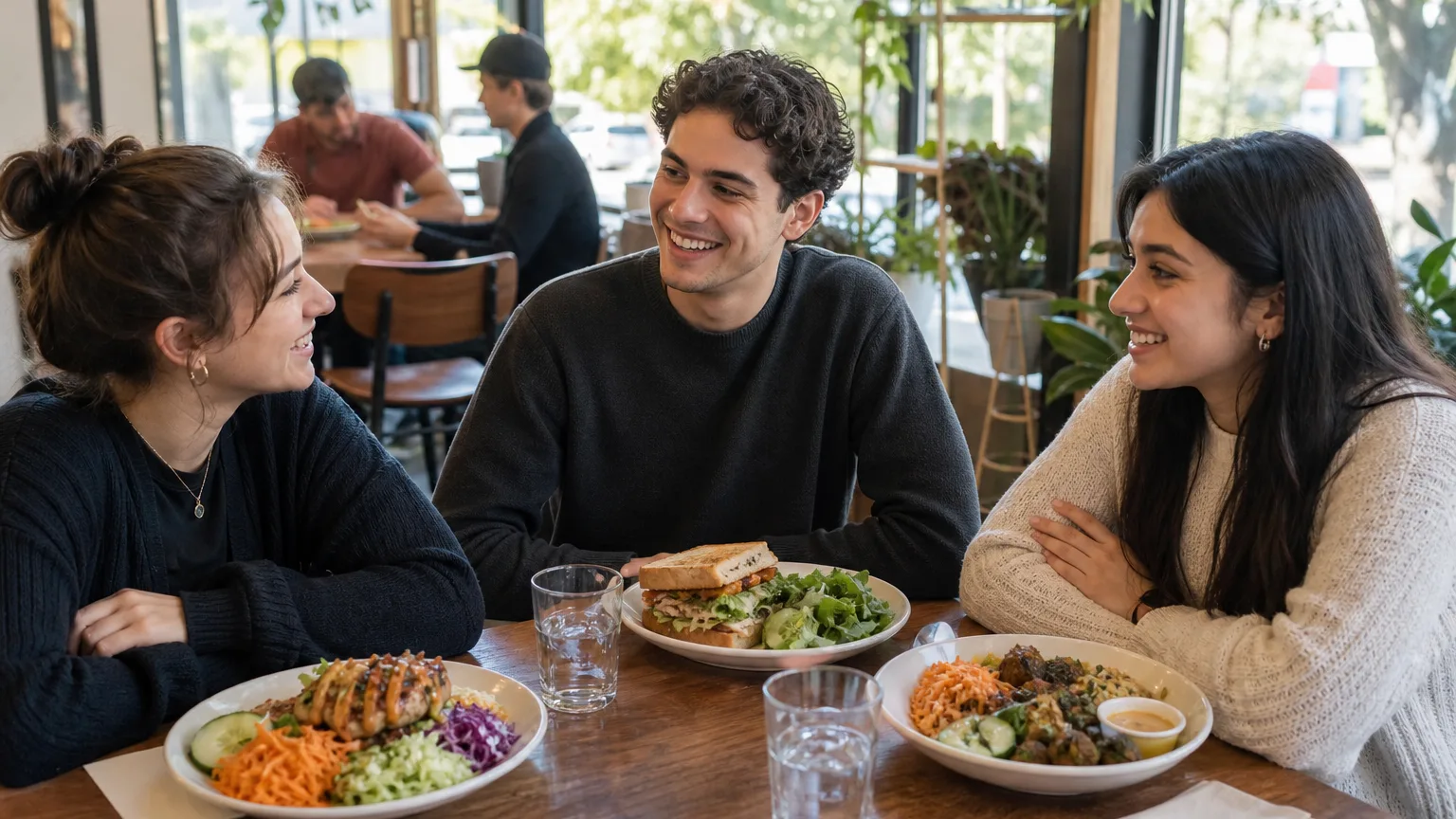 Three students smiling and talking over modest plates of colorful budget-friendly meals in a sunny café near campus.