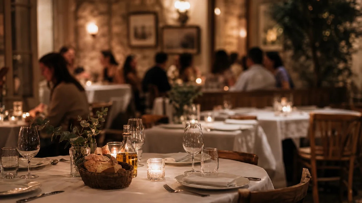 Couple toasting glasses of red wine at a cozy Mediterranean wine bar table with warm lighting.
