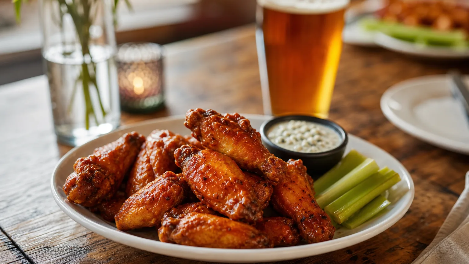 Close-up of crispy chicken wings with blue cheese dip and celery on a wooden table in a cozy restaurant setting.