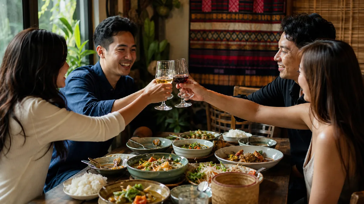Friends enjoying Thai and Lao dishes together in a bright, warmly lit restaurant interior.