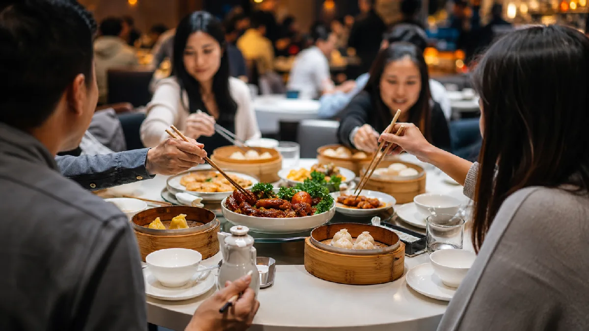 Friends sharing dim sum and seafood dishes at a round table in a bright, inviting Chinese restaurant dining room.