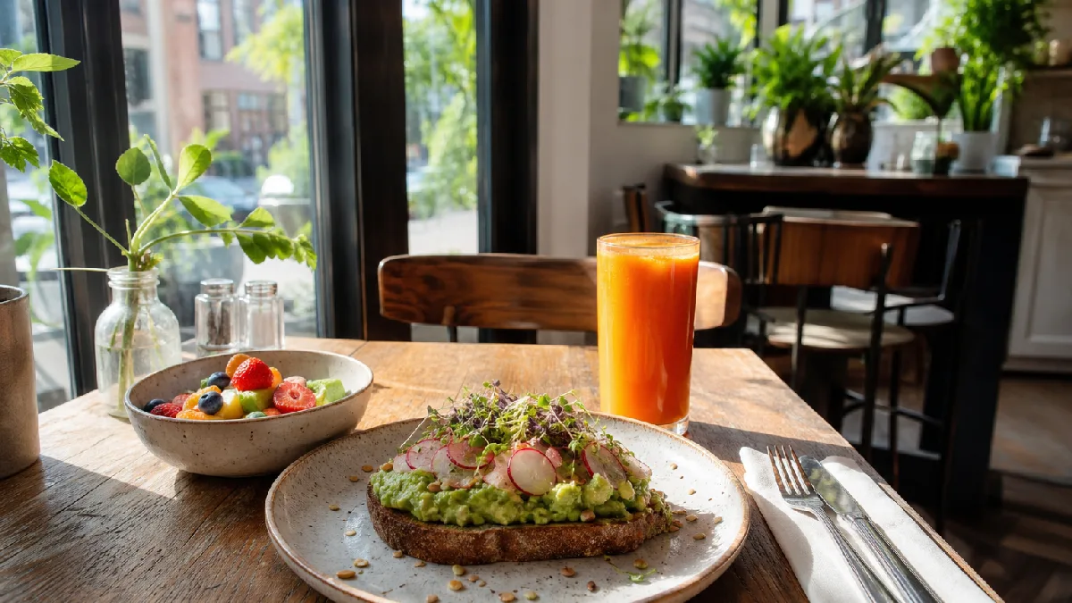 Bright café table with plant-based breakfast dishes including avocado toast and fresh fruit, bathed in natural sunlight.