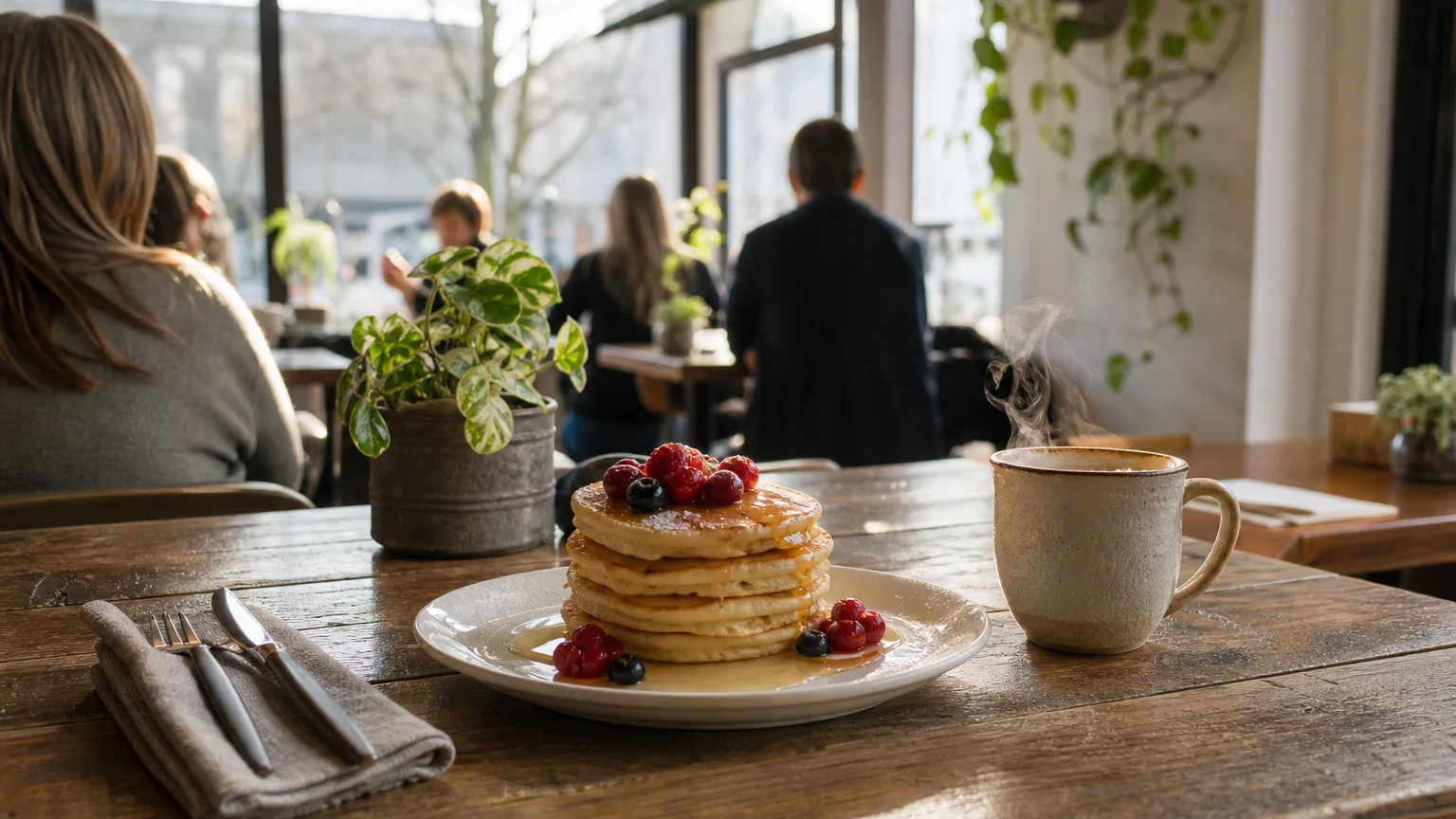 Sunlit café table with pancakes and coffee in a cozy Waterloo morning setting.