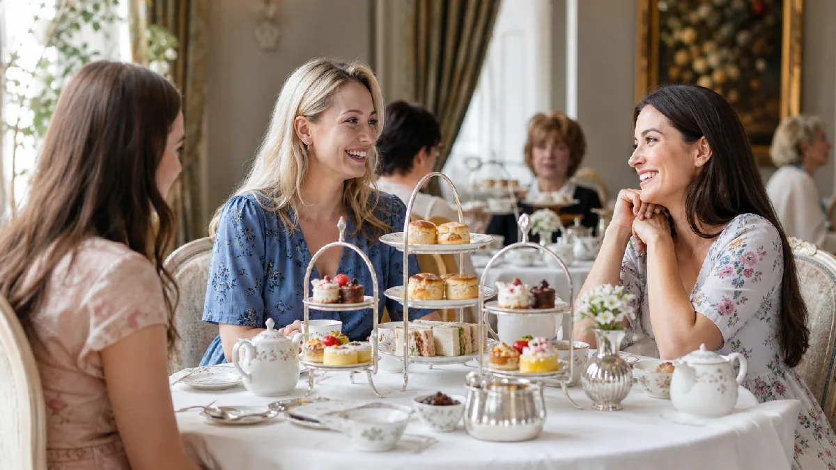 Friends enjoy formal afternoon tea with pastries, finger sandwiches, and loose-leaf tea in an elegant tea room.