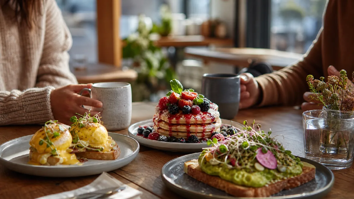 Sunlit cafe scene with colorful breakfast plates and a couple enjoying their meal in a cozy setting.