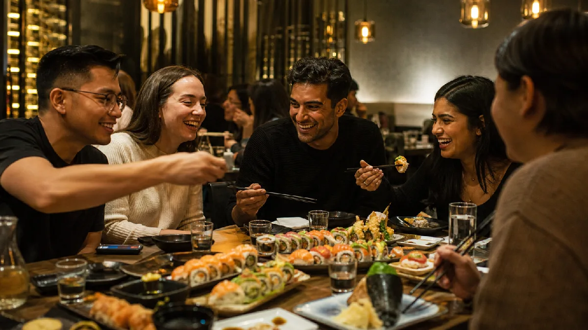 Friends sharing sushi platters and drinks together in a warm, casual izakaya-style restaurant setting.
