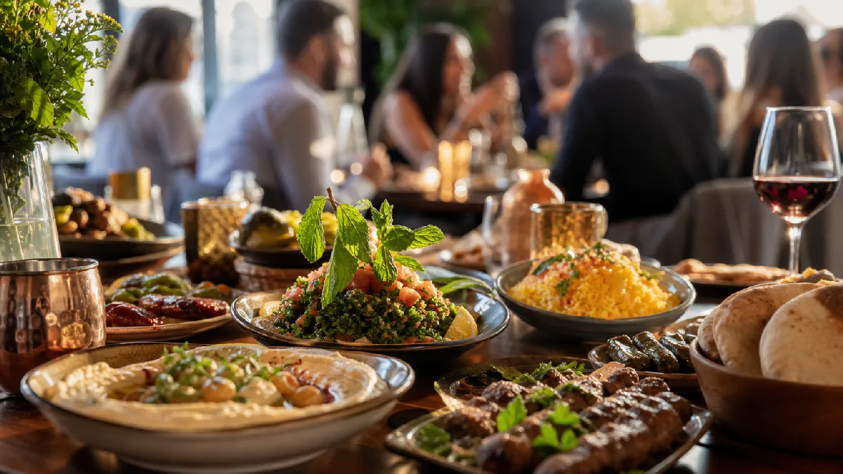 Rustic wooden table with Middle Eastern mezze dishes and grilled meats in a warmly lit dining room with diners in the background.