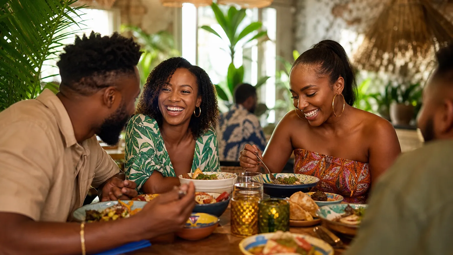 Friends enjoying colorful Caribbean dishes together in a warmly lit restaurant dining room.